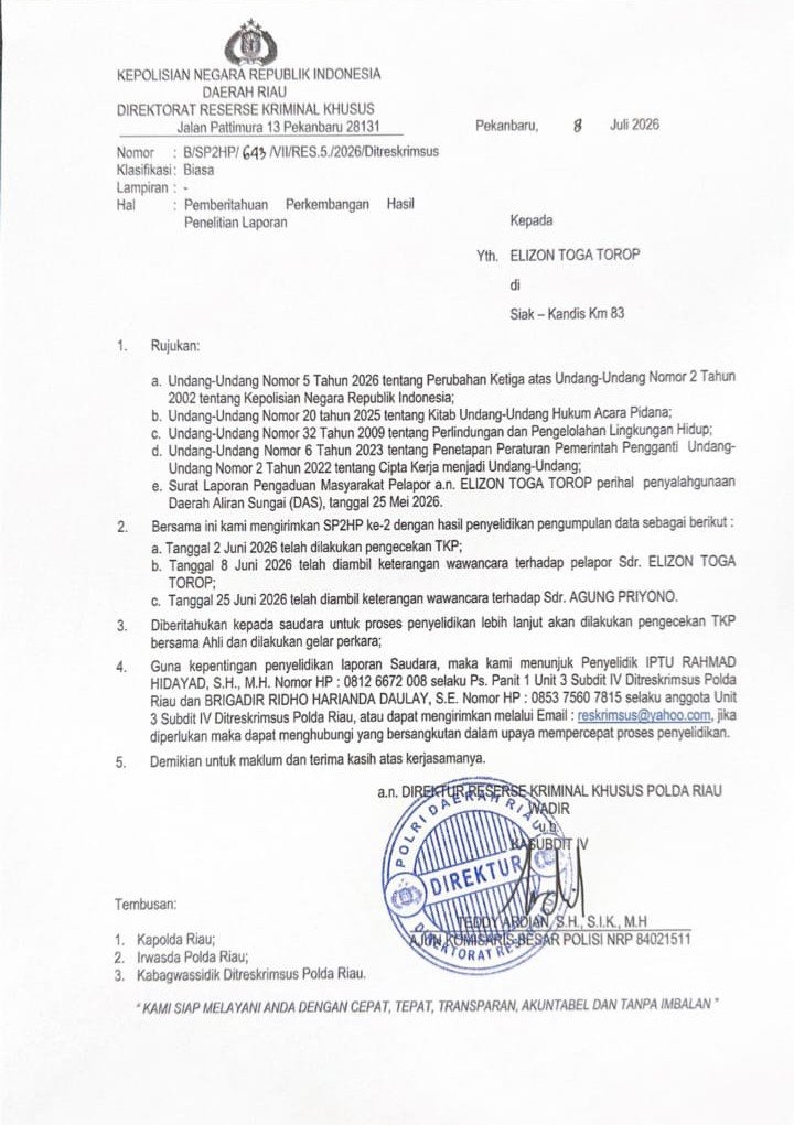 SP2HP Terbit! Polda Riau Turunkan Tim Ahli Usut Dugaan Penyalahgunaan DAS oleh PT IMT