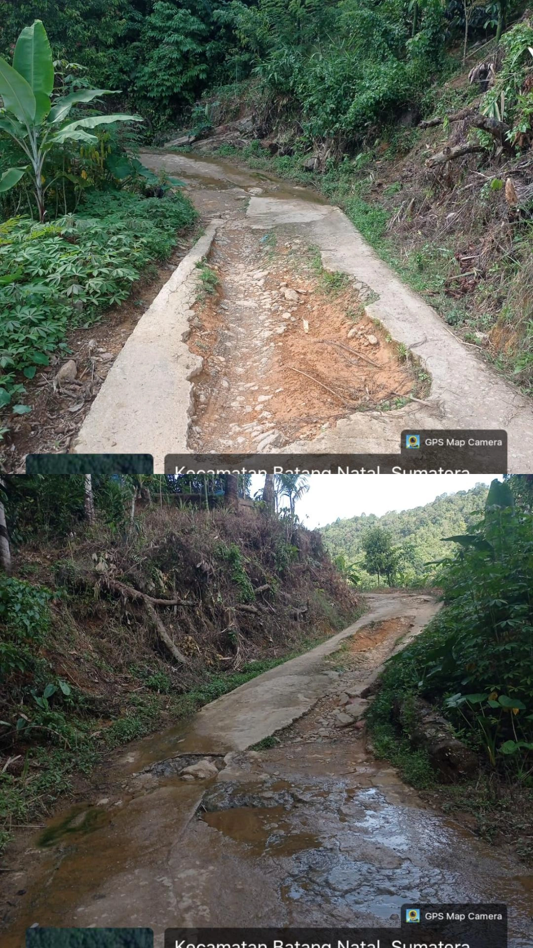 Jalan Desa Bondar Panjang rusak parah hampir dua tahun di Kecamatan Batang Natal, Mandailing Natal.