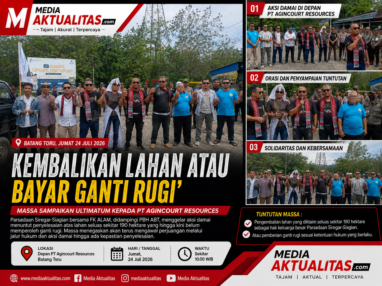 Kembalikan Lahan atau Bayar Ganti Rugi, Massa Sampaikan Ultimatum kepada PT Agincourt Resources