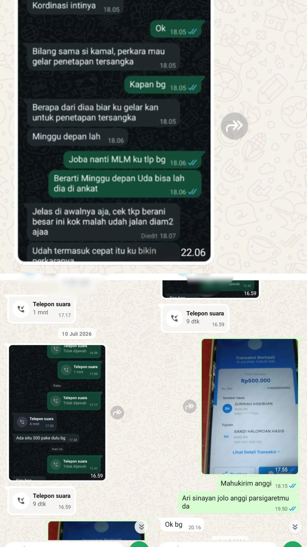 Kolase tangkapan layar percakapan WhatsApp yang diduga membahas penanganan perkara, disertai bukti transfer sebesar Rp500.000 dan riwayat panggilan suara yang beredar sebagai bagian dari informasi yang diklaim pihak pelapor.