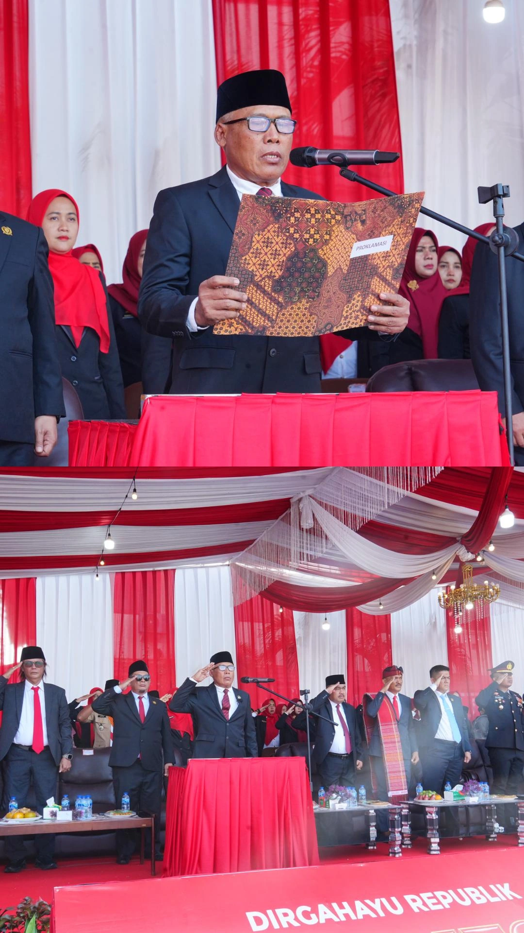 Pembacaan teks Proklamasi pada upacara HUT ke-81 Kemerdekaan Republik Indonesia di Kecamatan Mandau.
